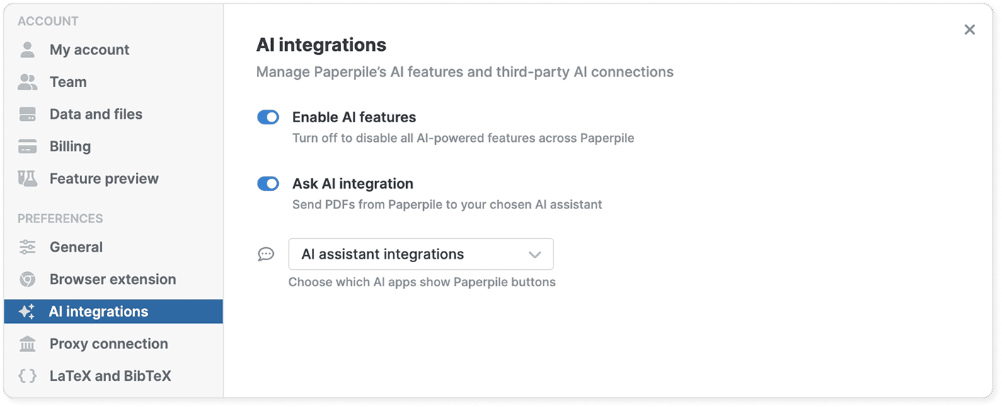 Settings › AI integrations with “Enable AI features” and “Ask AI integration” both switched on, above an “AI assistant integrations” selector for choosing which AI apps show Paperpile buttons.
